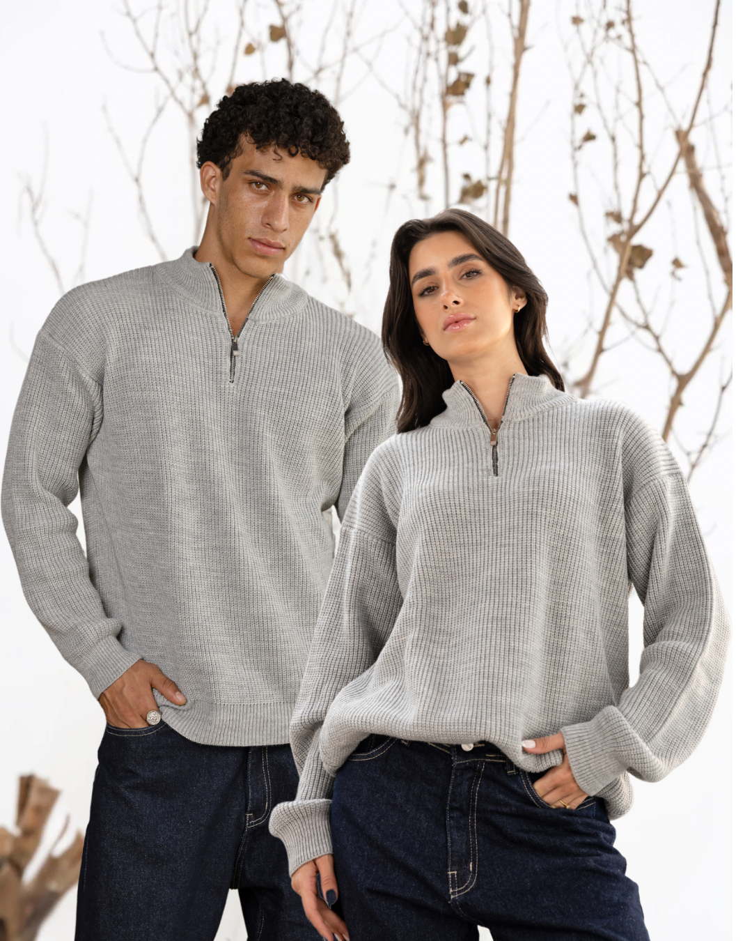 knitted Quarter-Zip in Light Grey
