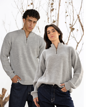 knitted Quarter-Zip in Light Grey